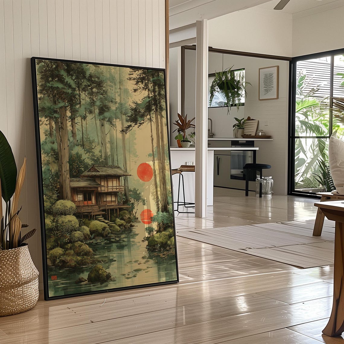 Japanese Forest Cabin Twin Red Suns Watercolor Landscape Poster