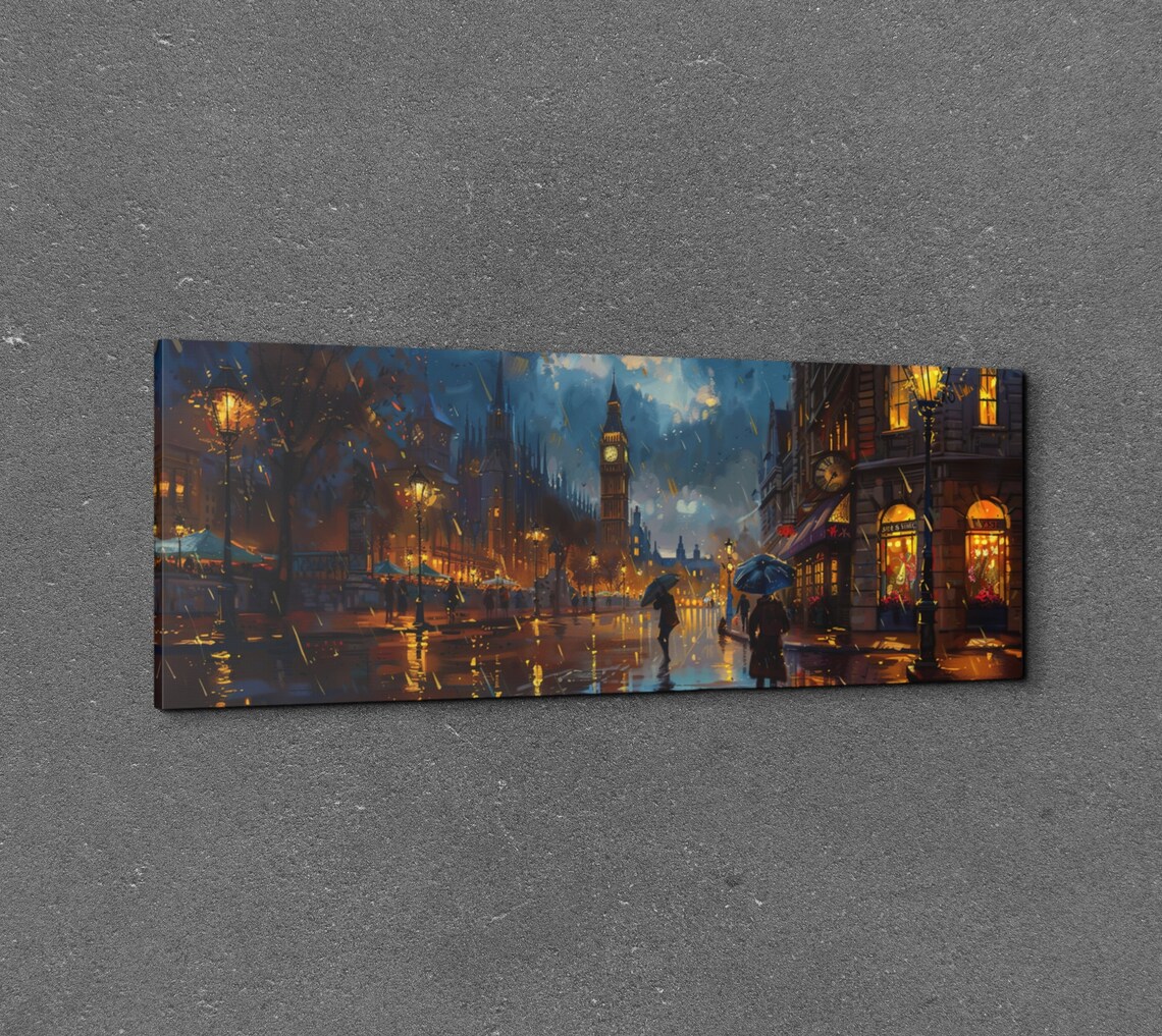 Rainy London Street Big Ben Night Panoramic Cityscape Poster - Image 3