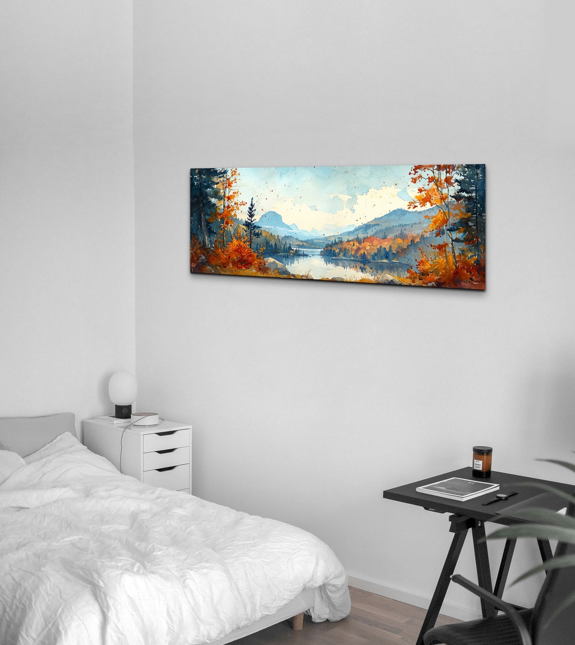 Autumn Valley Lake Watercolor Fall Foliage Panoramic Wall Art - Image 4