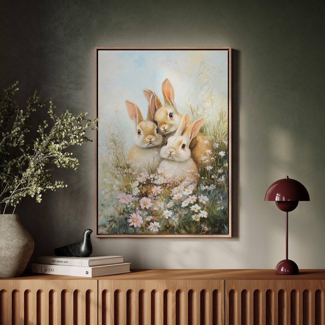Three Baby Rabbits Huddled Together in Blooming Wildflowers Poster - Image 3