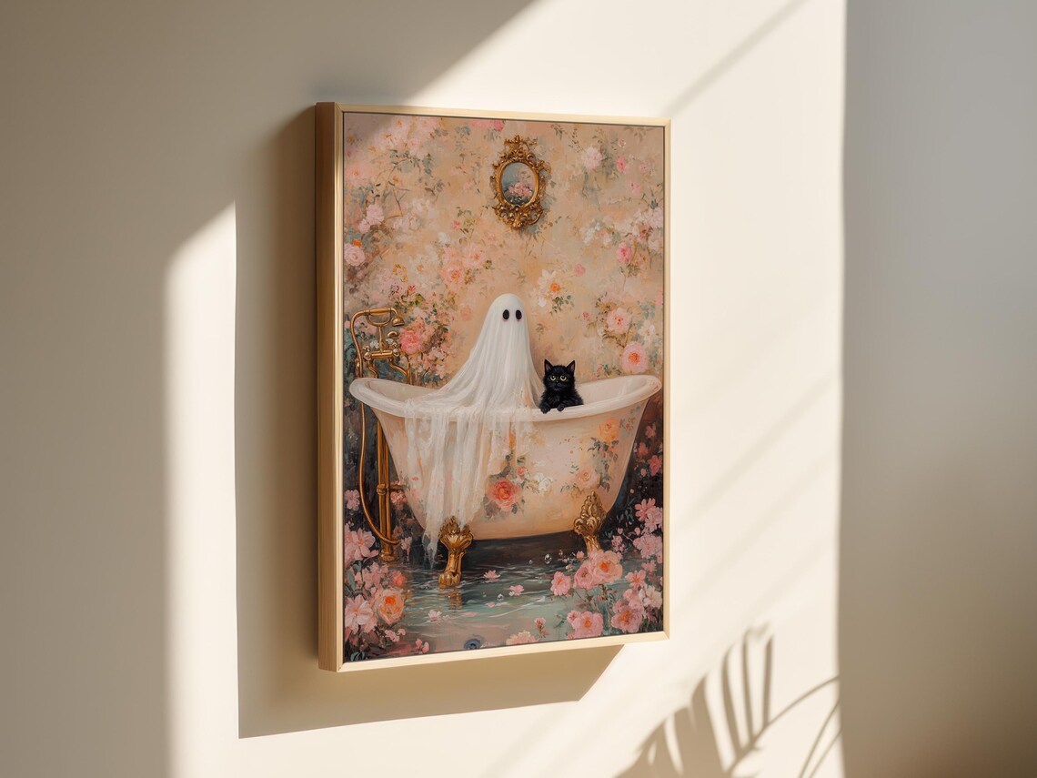 Ghost and Black Cat in Vintage Floral Clawfoot Bathtub Halloween Art Poster - Image 3