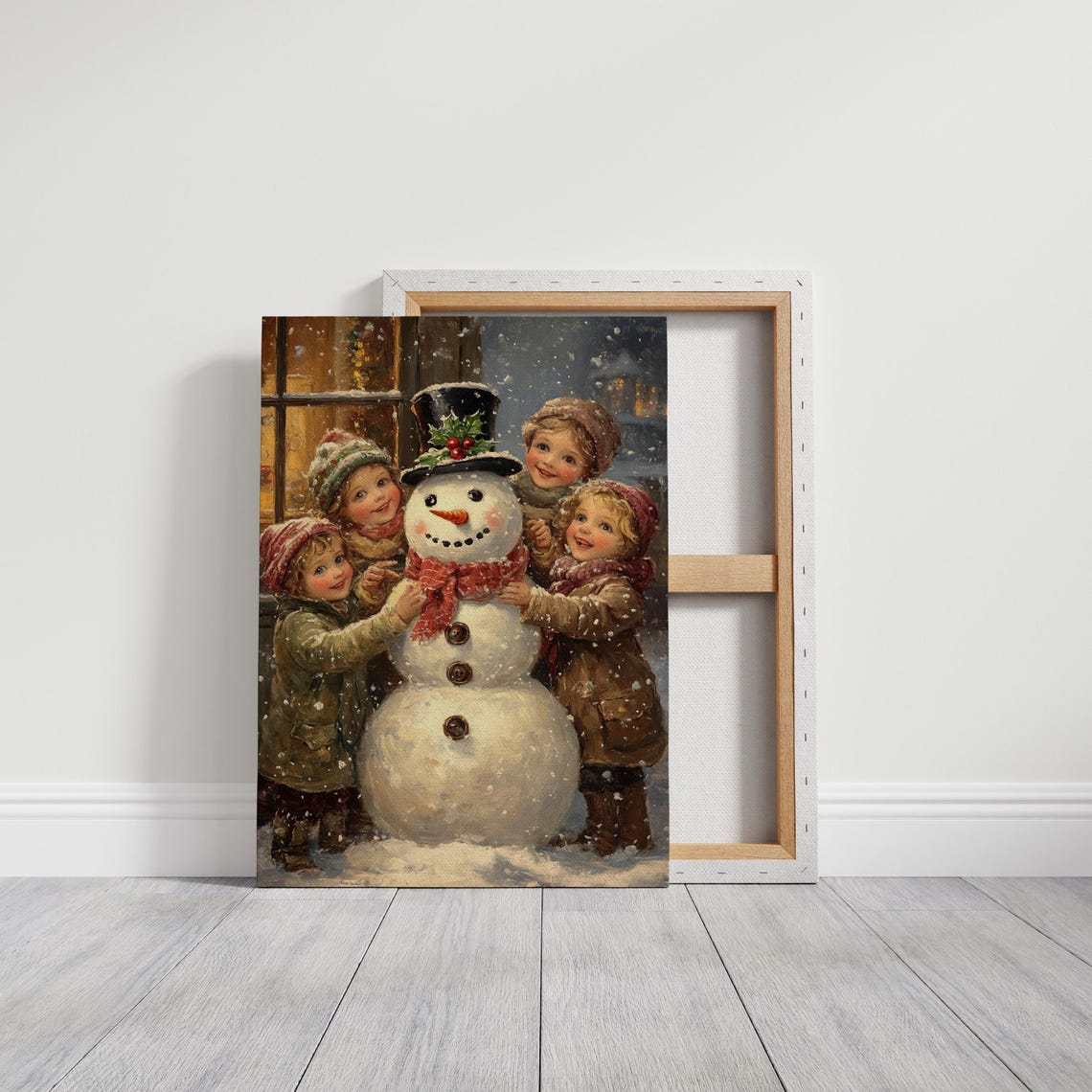 Children Building Snowman Vintage Christmas Holiday Season Poster - Image 3