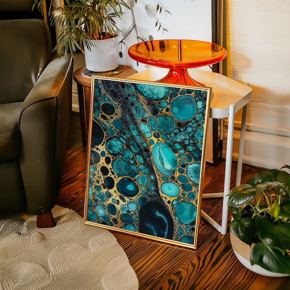 Teal and Gold Abstract Fluid Art, Modern Glam