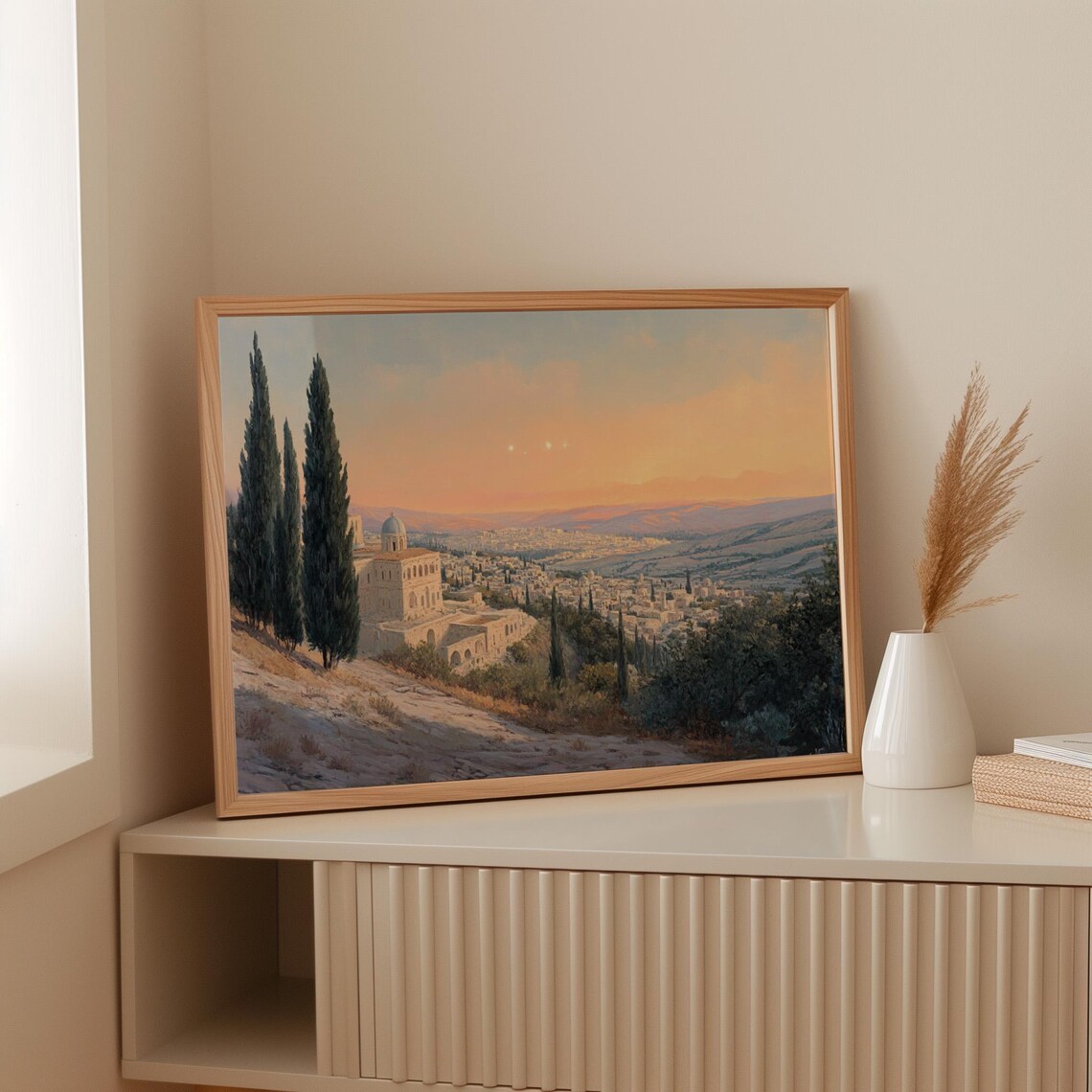 Bethlehem Vintage Oil Painting, Holy City At Dawn - Image 2