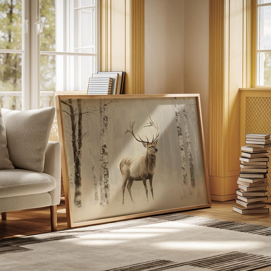 Majestic Stag Facing Forward In Snowy Birch Forest Warm Winter Poster - Image 5