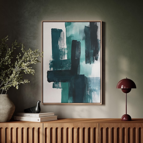 Teal Green Abstract Canvas Wall Art Minimalist Brushstroke Painting For Modern Living Room Office Or Neutral Home Decor Style