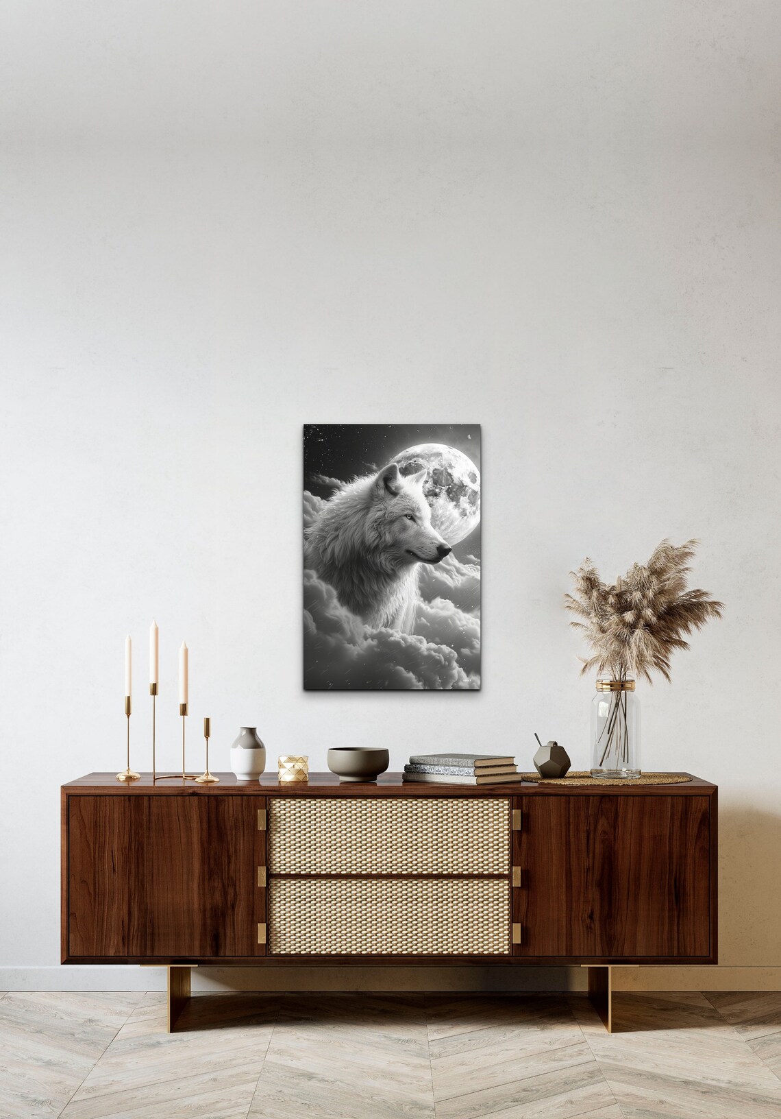 White Wolf Full Moon Night Sky Black White Wild Animal Poster - Image 4