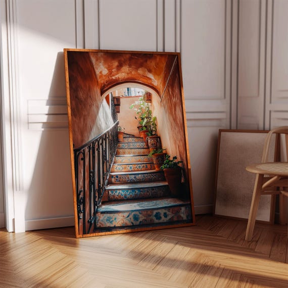Spanish Tile Staircase Art Print, Mediterranean Decor