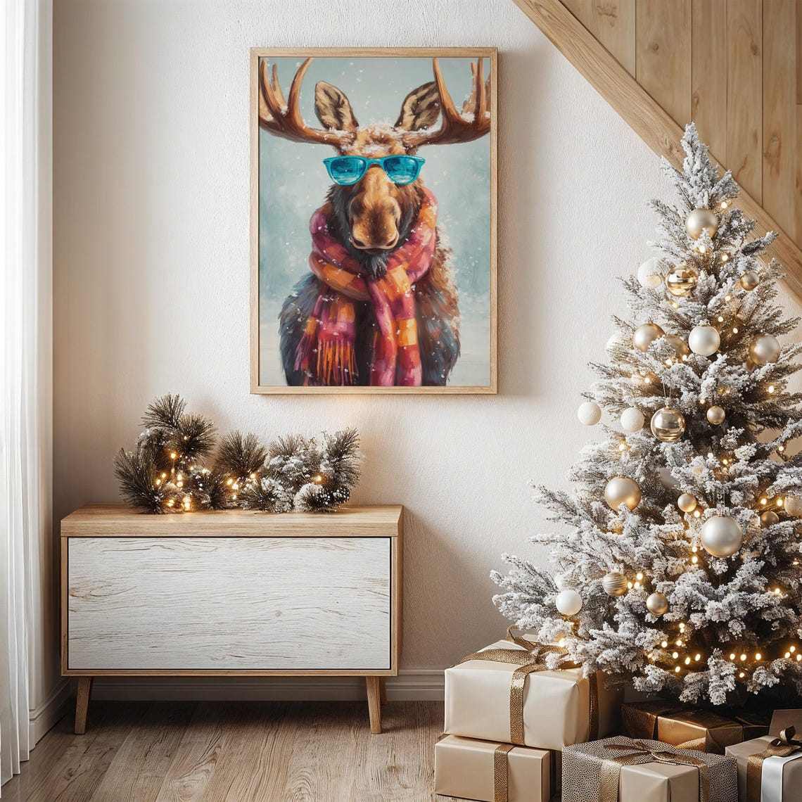 Cool Moose With Sunglasses And Striped Scarf Winter Fun Poster