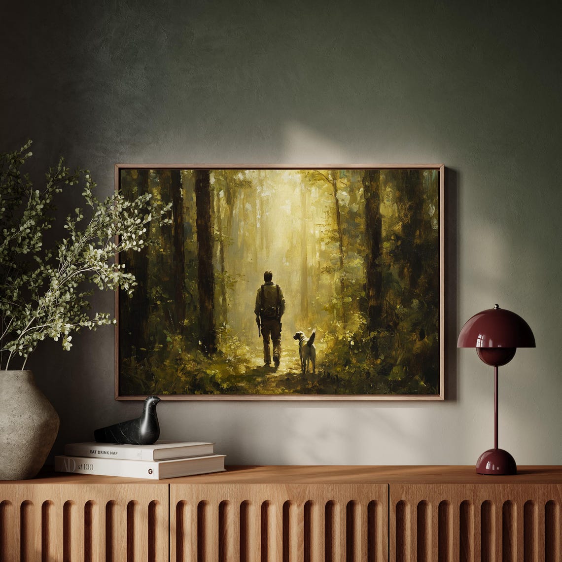 Man And Dog Walking Sunlit Forest Trail Adventure Painting Poster - Image 5