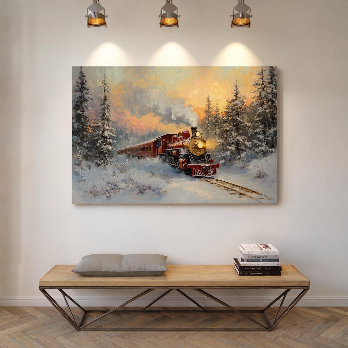 Vintage Red Steam Train Crossing Snowy Sunset Landscape Wall Art - Image 5