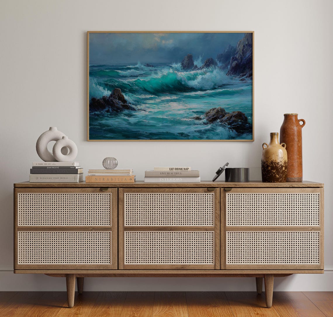 Dramatic Turquoise Ocean Waves Crashing on Rocky Coast Sea Poster
