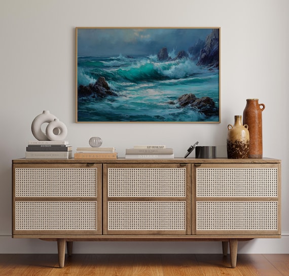 Dramatic Turquoise Ocean Waves Crashing on Rocky Coast Sea Poster
