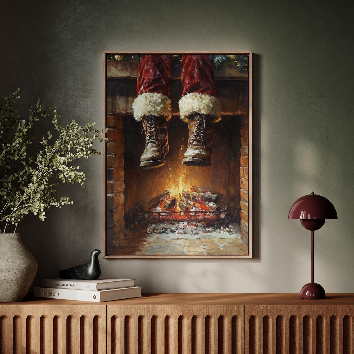 Santa's Boots Above Fireplace, Rustic Holiday Decor