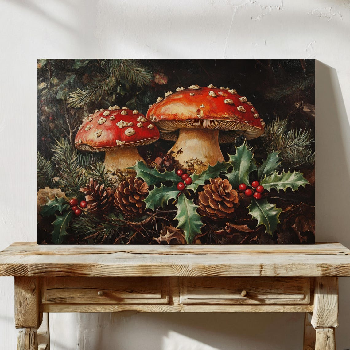 Red Fly Agaric Mushrooms Holly Berries Pinecones Dark Woodland Poster