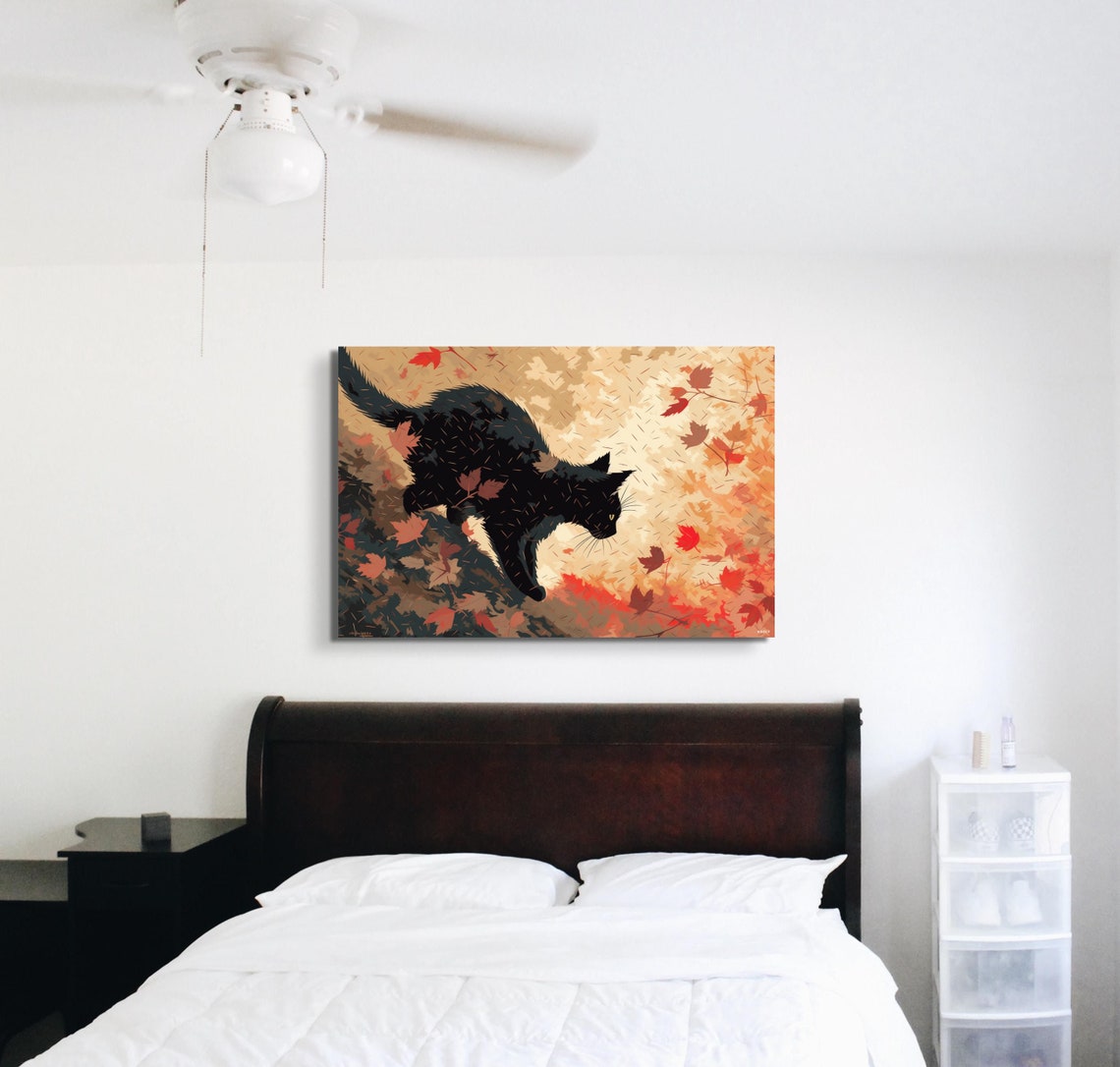 Black Cat Autumn Leaves Falling Illustration Fall Art Poster - Image 3