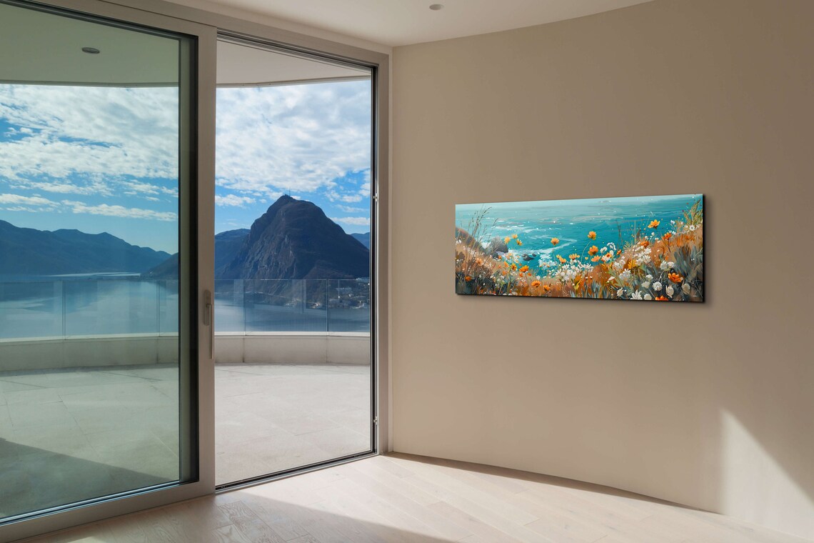 Coastal Wildflowers Overlooking Turquoise Sea and Rocks Panoramic Poster - Image 3