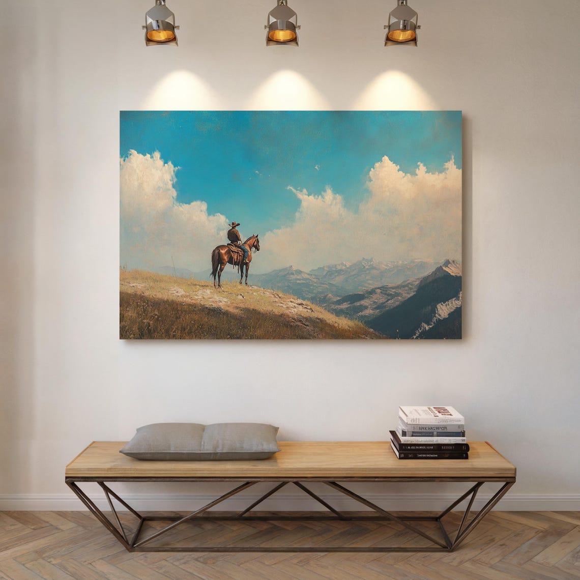 Lone Cowboy on Horseback Overlooking Mountain Range Art Poster - Image 5