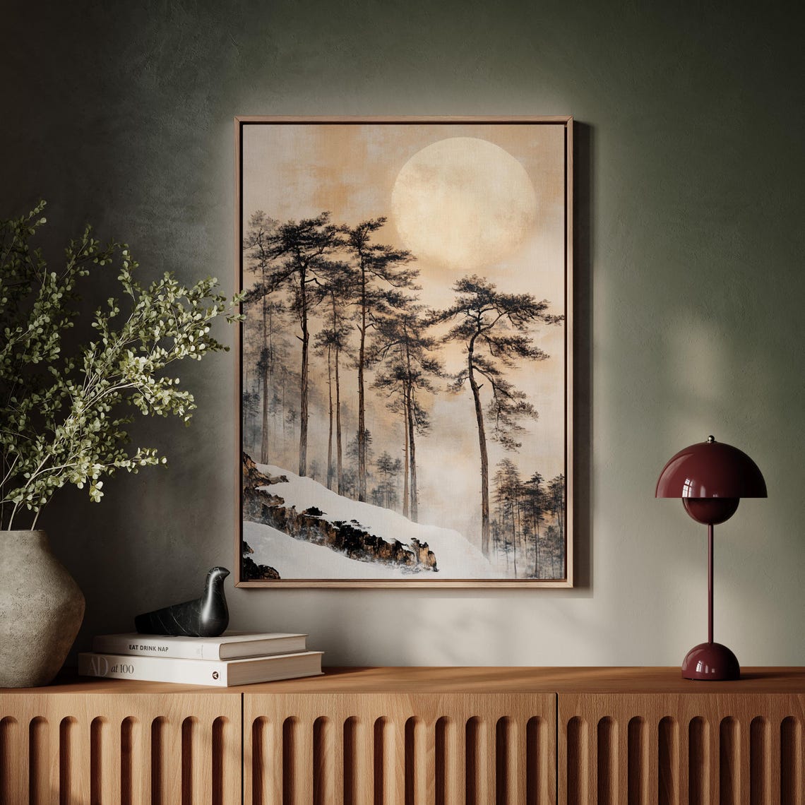 Full Moon Over Snowy Pines Misty Winter Forest Cabin Travel Poster