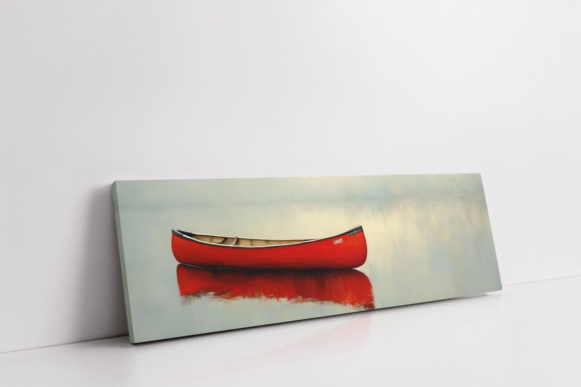 Red Canoe Misty Lake Serene Gray Blue Minimalist Water Poster - Image 3