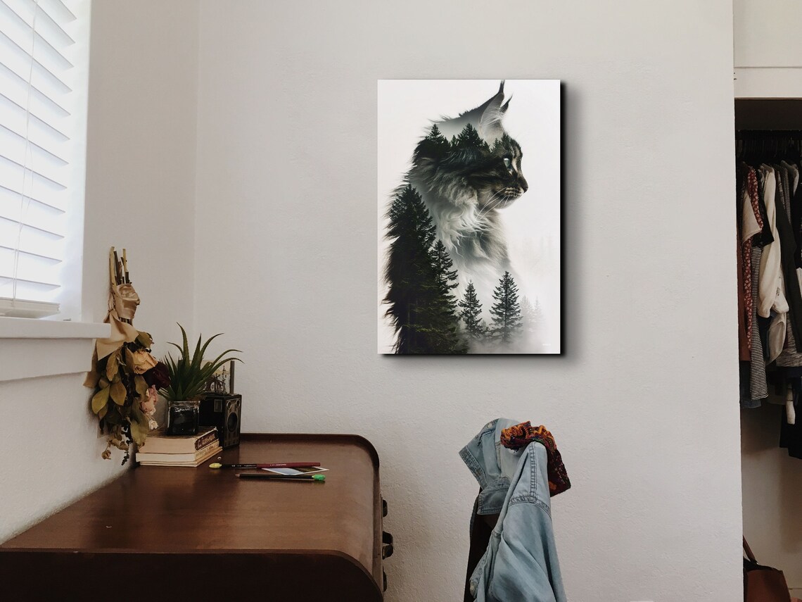 Double Exposure Cat and Forest Trees Art Print - Image 5