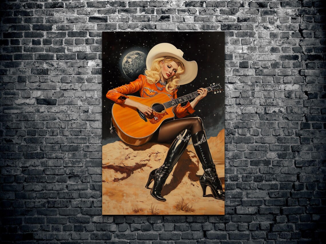 Galactic Guitar Cowgirl, Vintage Space Art Print - Image 2