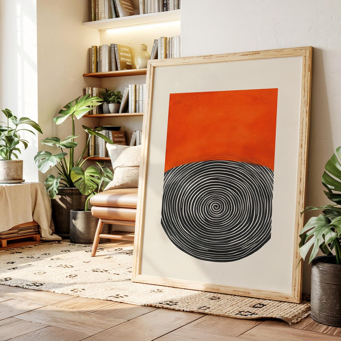 Orange Black Geometric Spiral Mid Century Modern Gallery Art Poster