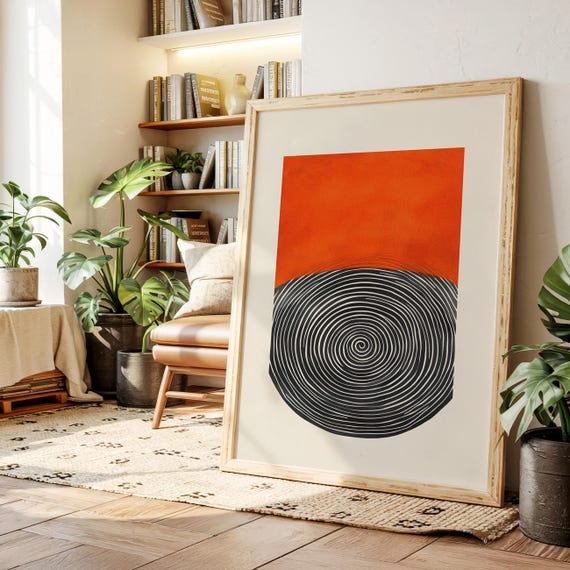 Modern Geometric Spiral Canvas Art Bold Black And Orange Abstract Minimal Wall Decor For Contemporary Living Room Or Office Space