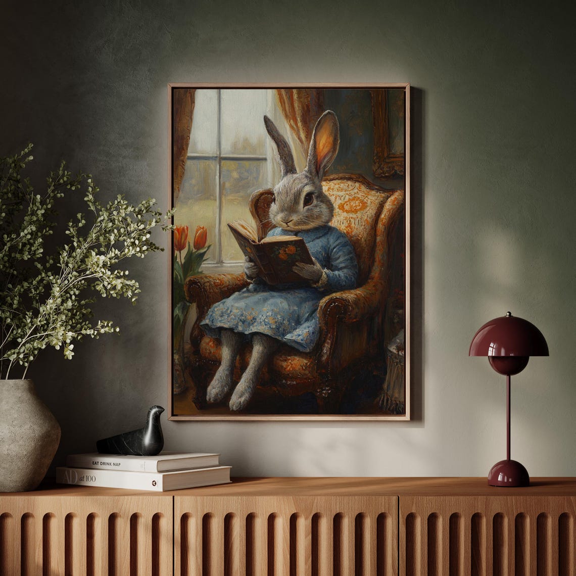 Rabbit Reading Book In Vintage Armchair Whimsical Animal Poster
