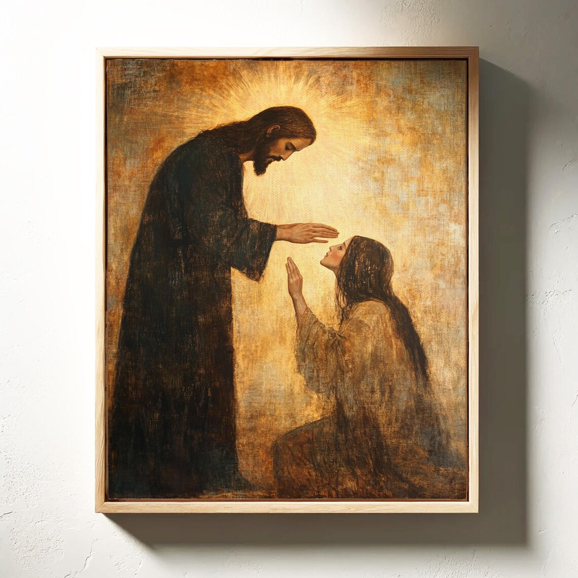 Jesus Laying Hands in Blessing Over a Kneeling Woman in Golden Tones Poster - Image 3