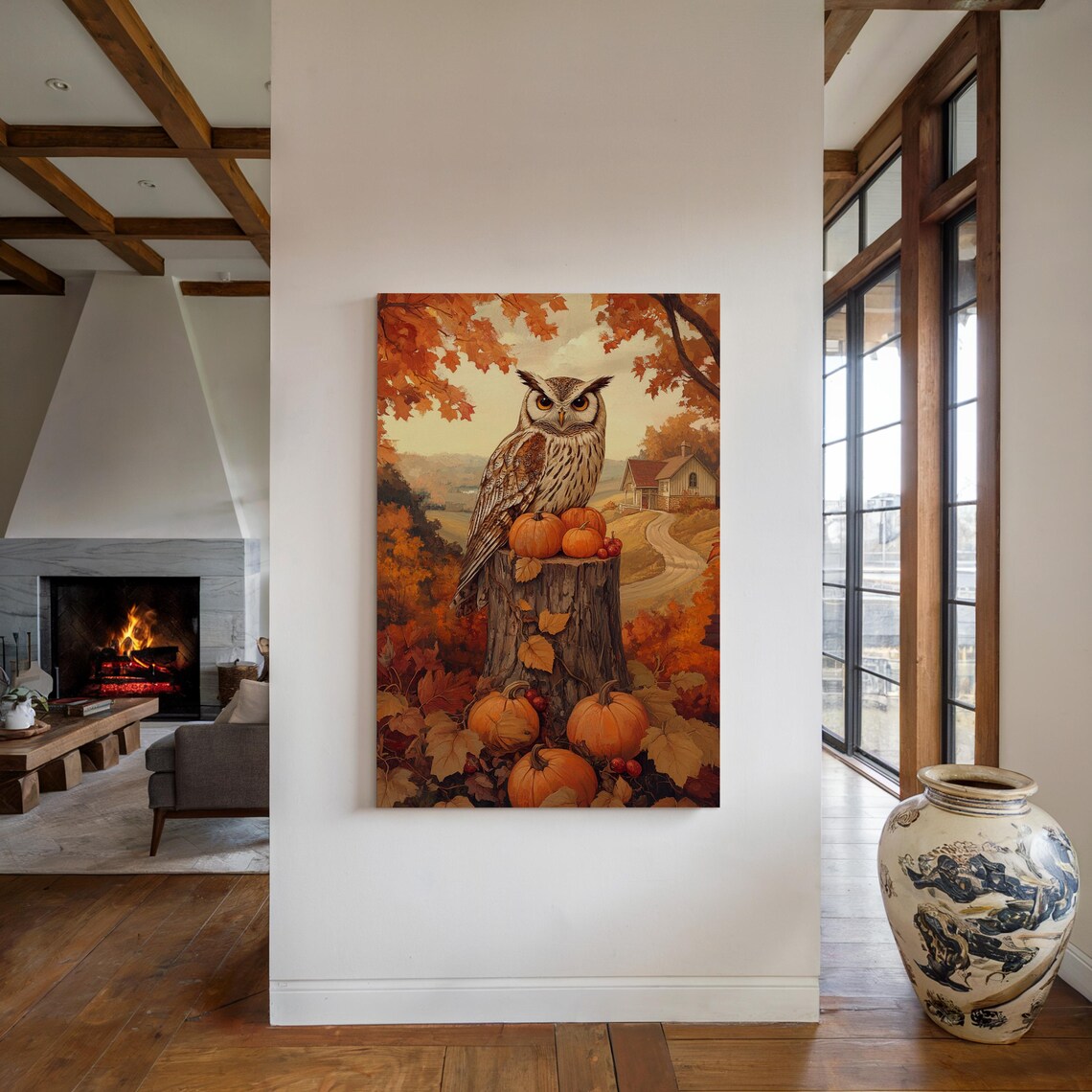 Autumn Owl Rustic Barn Scene, Country Landscape - Image 7
