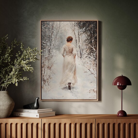 Elegant Woman Walking Snowy Forest Path Vintage Winter Landscape Poster