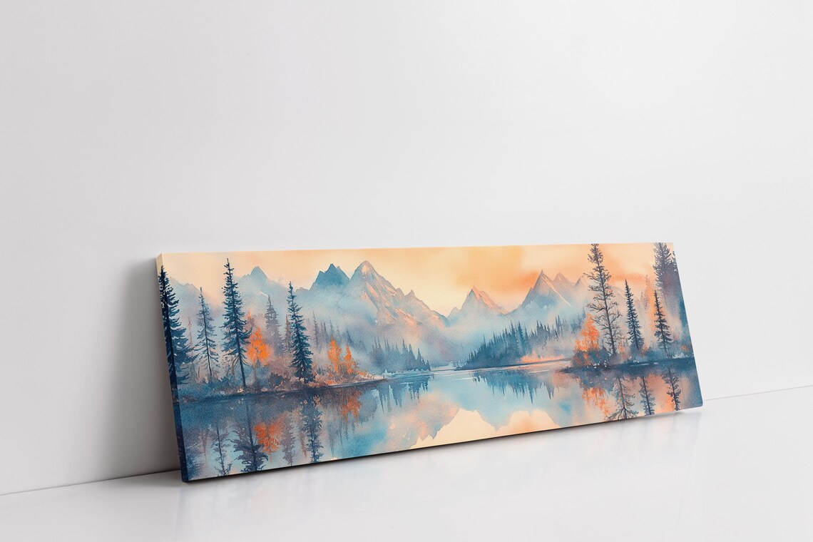 Misty Watercolor Mountain Lake Soft Peach Sunrise Pines Landscape Poster - Image 7