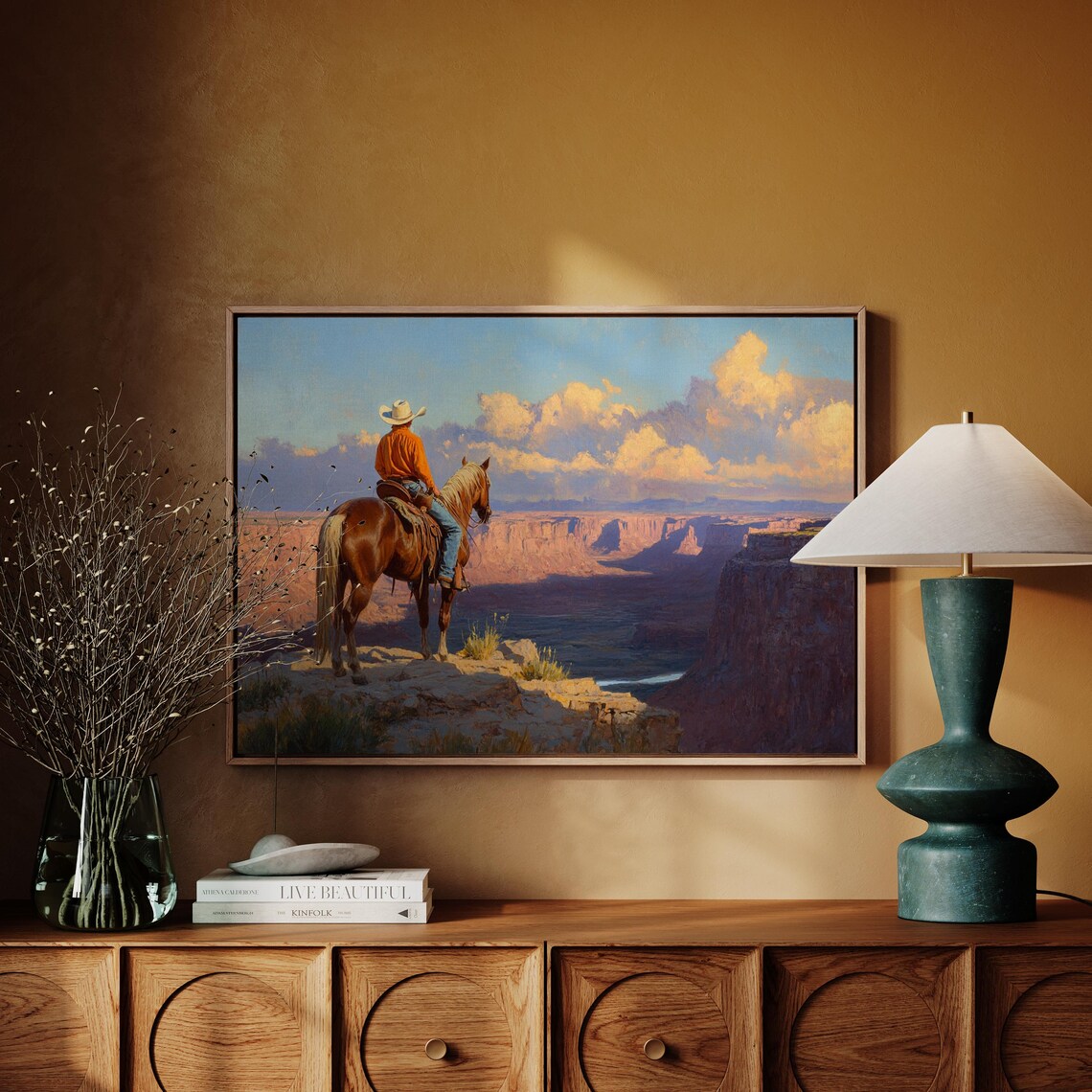 Cowboy on Horse Overlooking Sunset Canyon Western Landscape Poster - Image 4