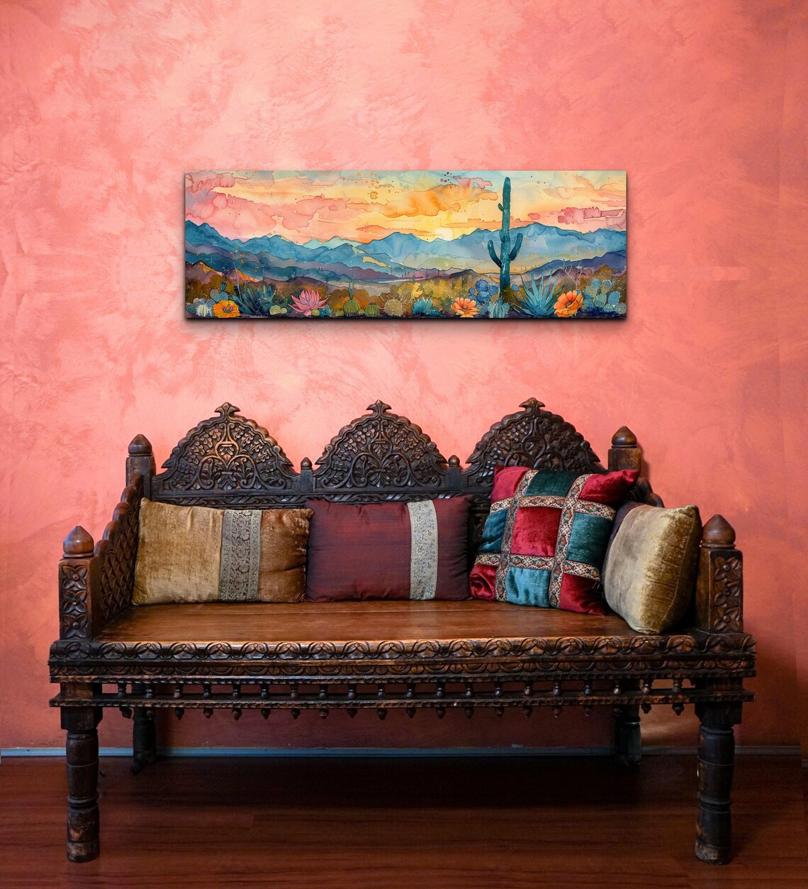 Desert Sunset Saguaro Cactus Wildflowers Watercolor Southwest Wall Art - Image 4