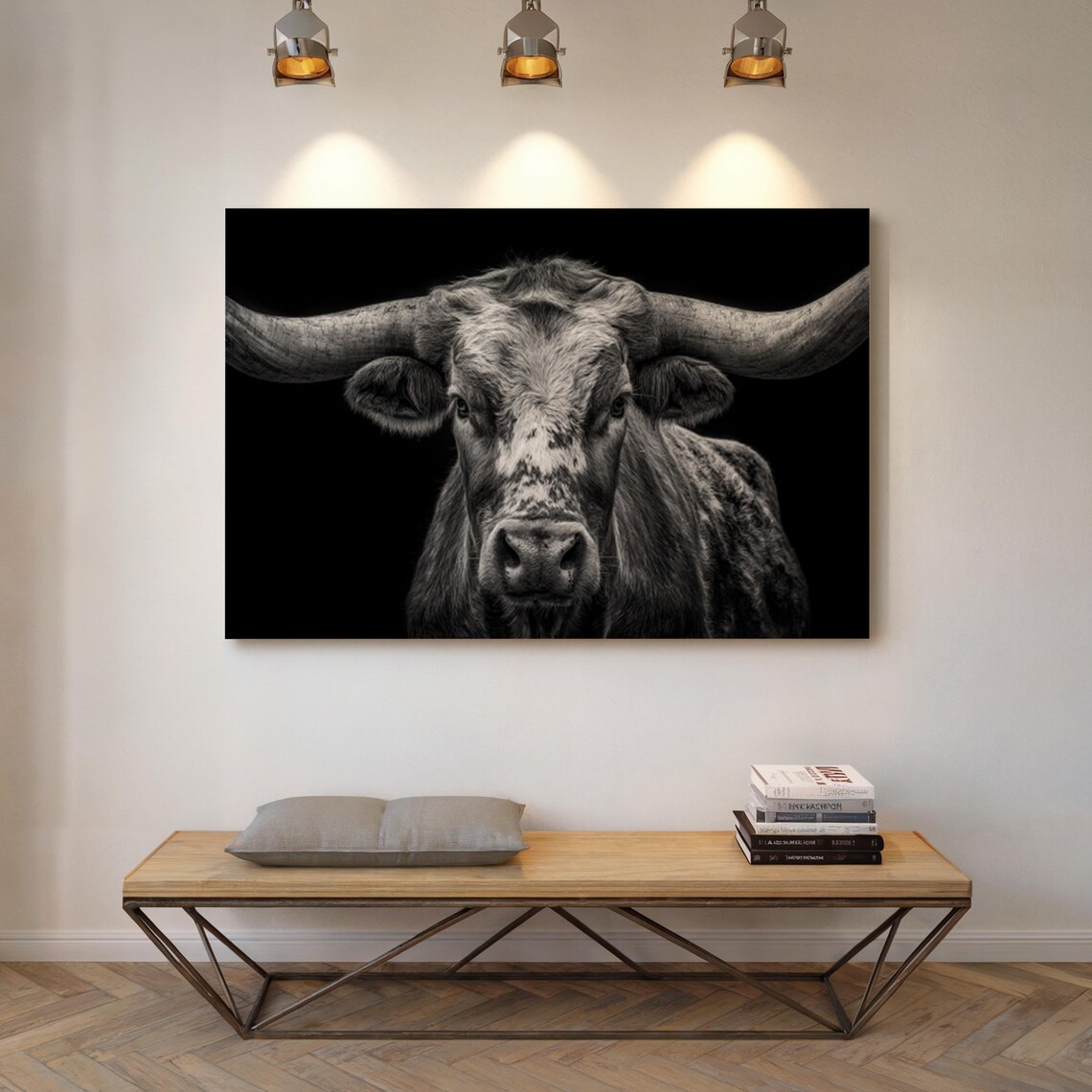 Majestic Longhorn Steer Black Background Western Cattle Poster