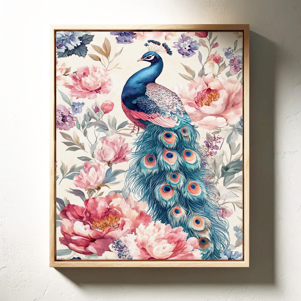 Elegant Peacock Pink Peonies Floral Watercolor Boho Decor Wall Art - Image 3