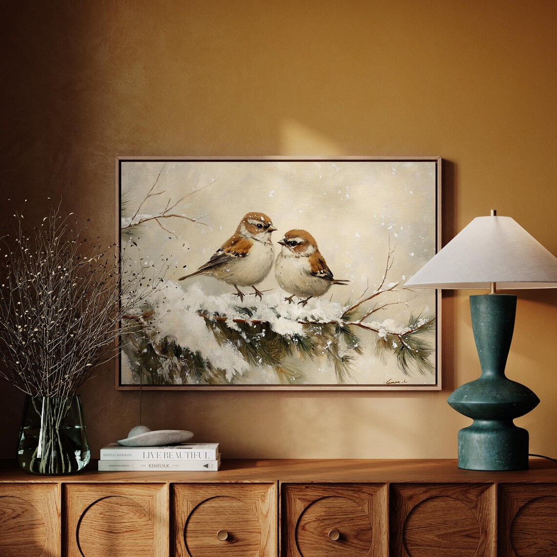 Winter Birds Art Print, Two Sparrows on Pine Branch - Image 4