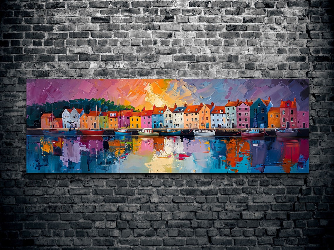 Vibrant Harbor Village With Colorful Boats At Dusk Panoramic Poster - Image 2
