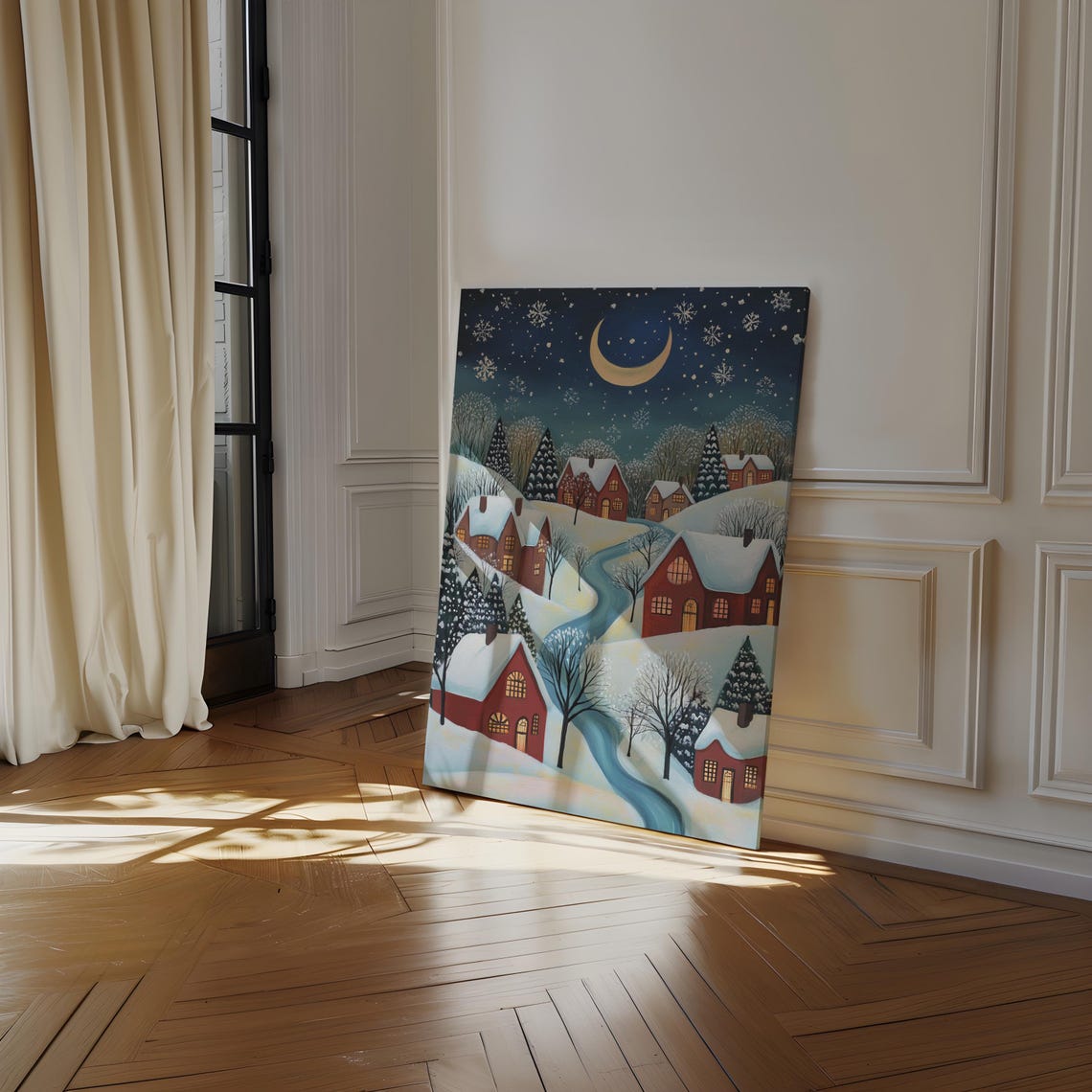 Cozy Snowy Village Winter Night Crescent Moon Starry Sky Poster - Image 3