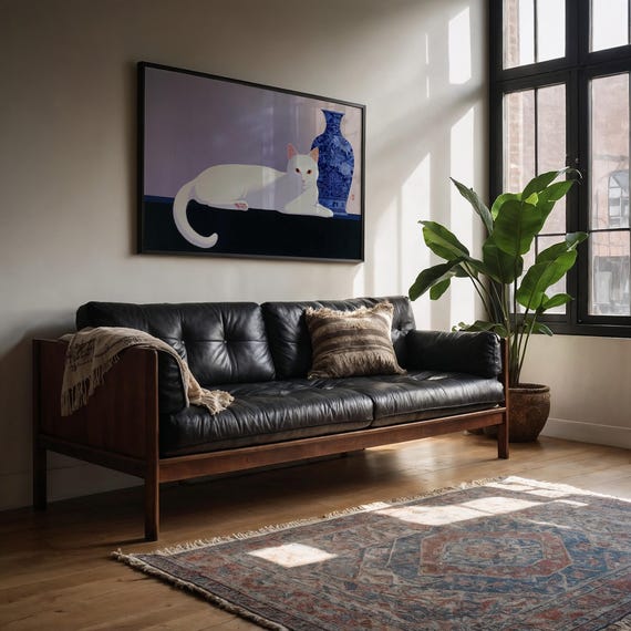 Elegant White Cat With Blue Porcelain Vase Asian Style Art Poster