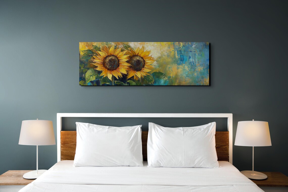 Bold Sunflower Duo Golden Impasto Palette Knife Panoramic Art Poster - Image 3