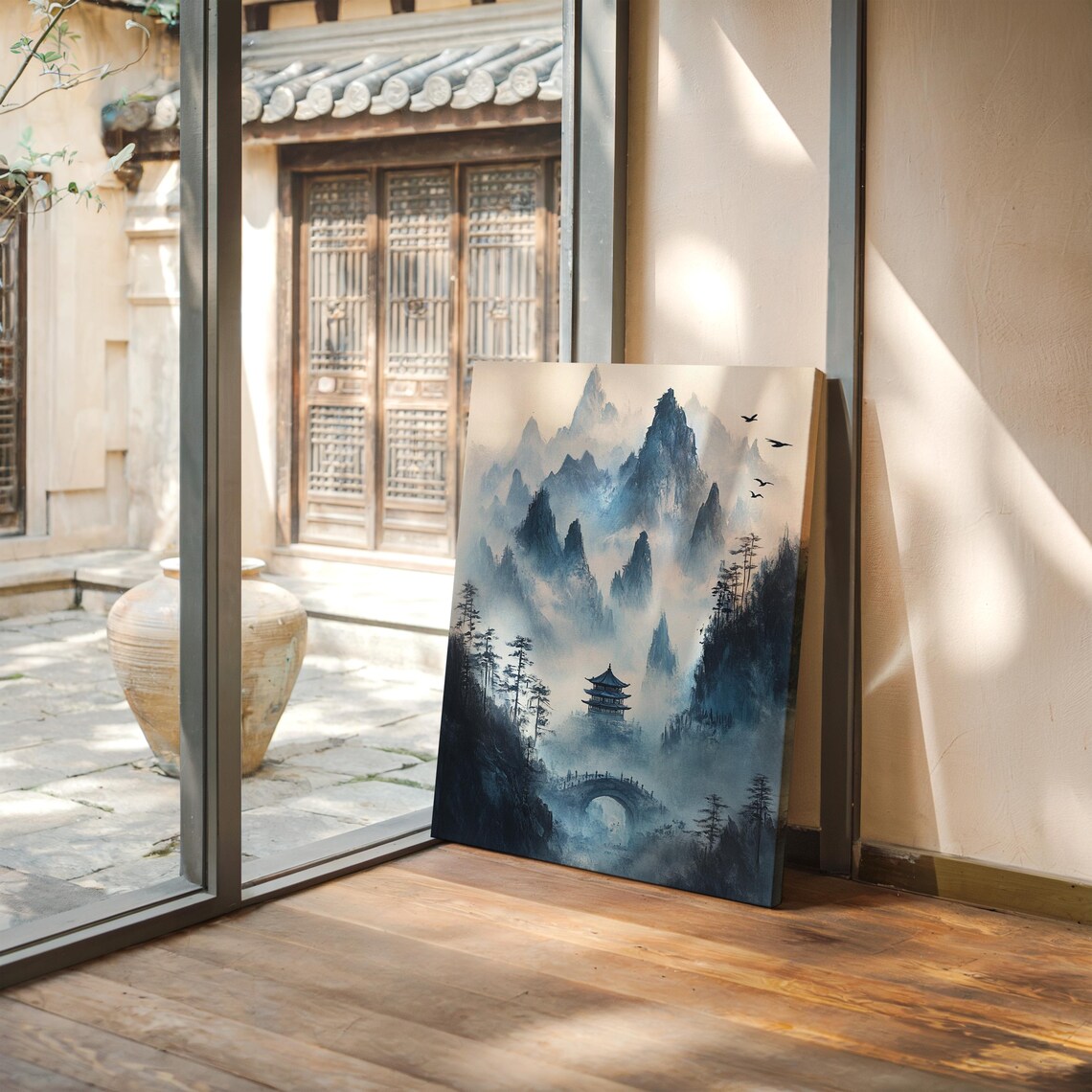 Misty Blue Mountains Pagoda Bridge Asian Zen Landscape Poster - Image 3