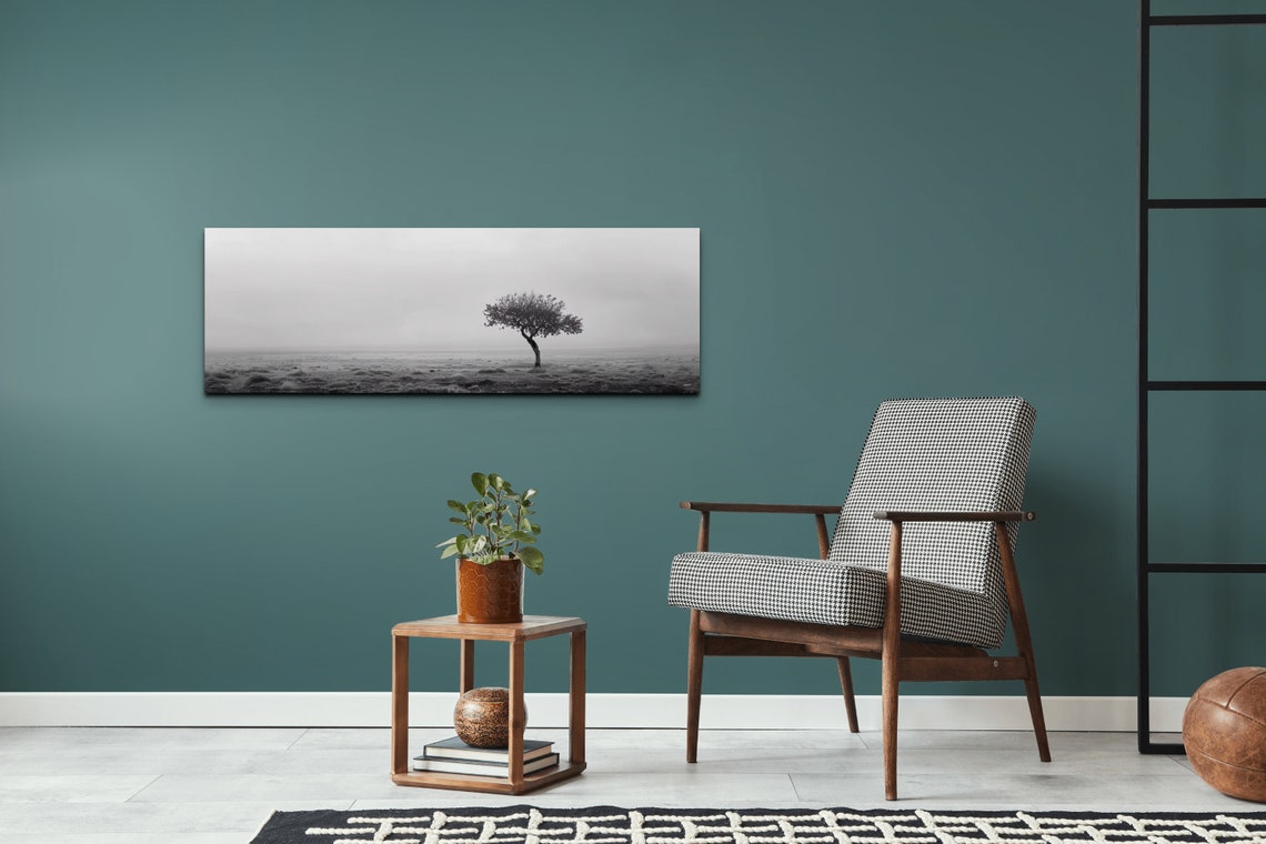 Black And White Lone Tree In A Misty Field Minimalist Poster - Image 6