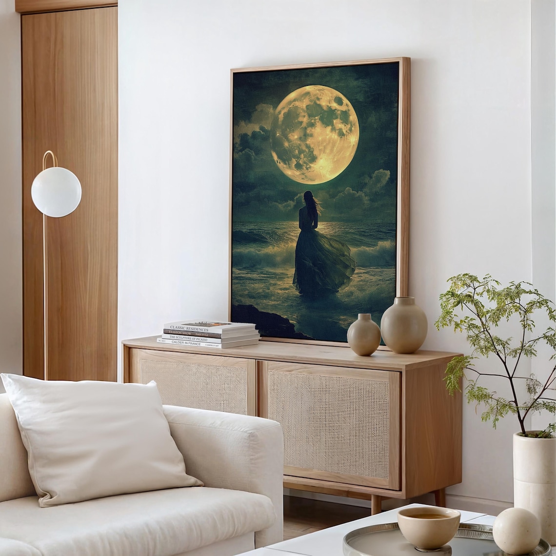 Full Moon Ocean Woman in Flowing Dress Art Print - Image 4