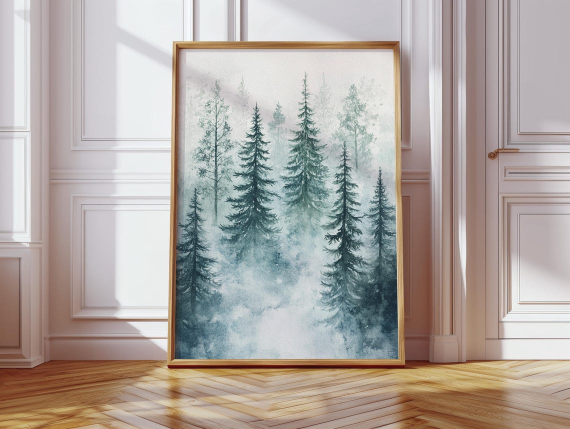 Misty Pine Forest Tranquil Evergreen Trees Watercolor Poster