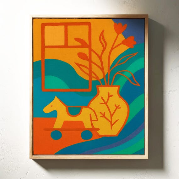 Colorful Abstract Vase With Flowers And Toy Horse