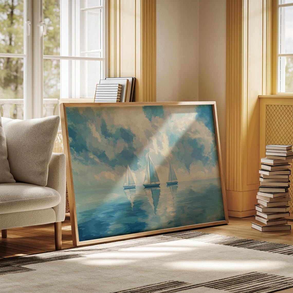 Three Sailboats On Glassy Water Under Cloudy Blue Sky Wall Poster - Image 6