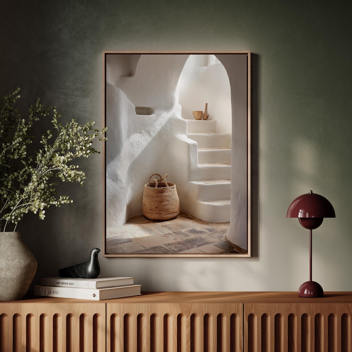 White Mediterranean Stairway Woven Basket Minimal Sunlit Interior Poster