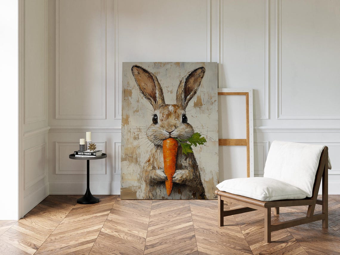 Adorable Bunny Munching a Carrot on Rustic Beige Canvas Poster - Image 3